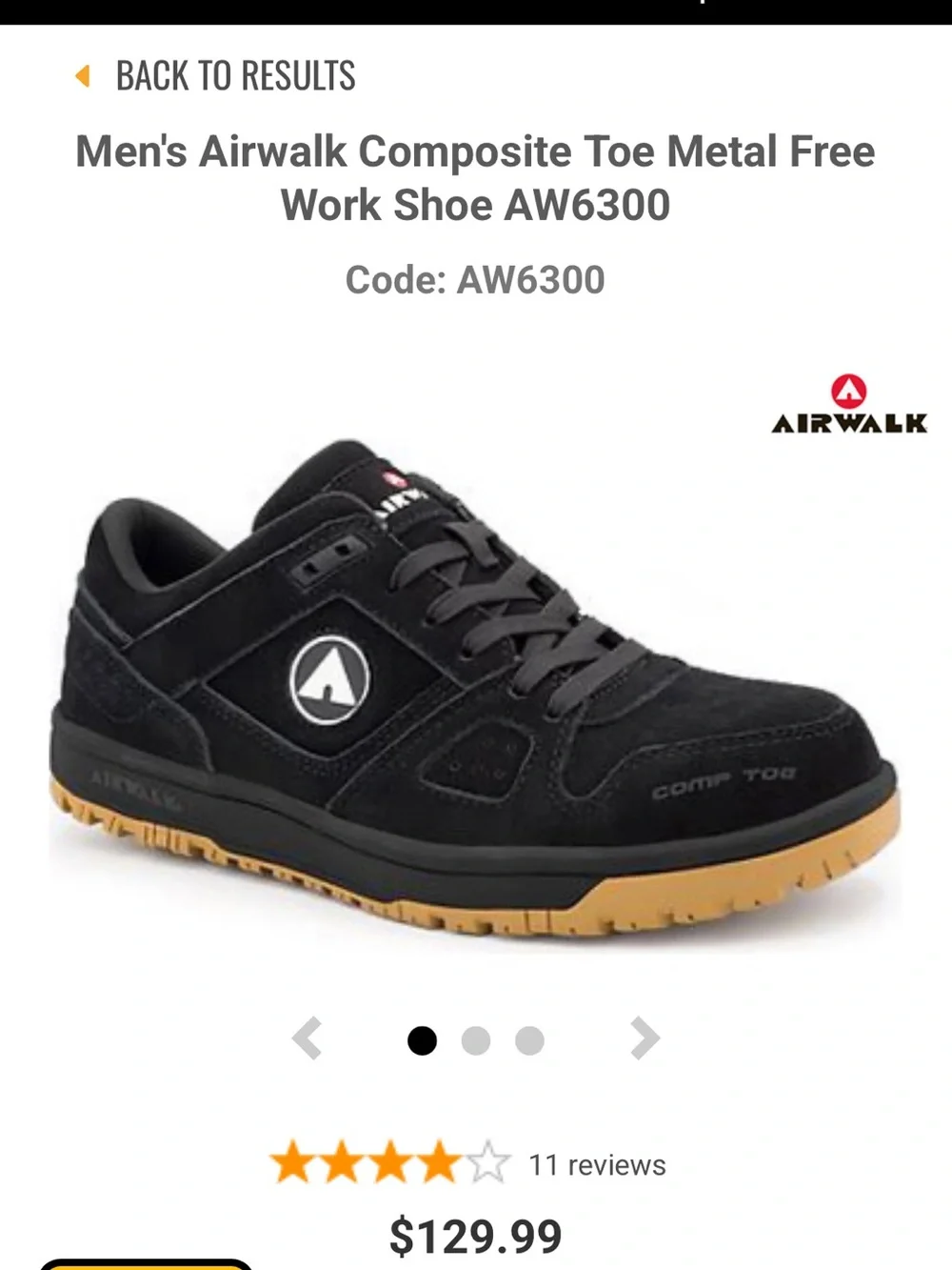 Airwalk Work Mongo Comp Toe EH SR Men's Black Work Shoes with Gum Sole / 11 EE